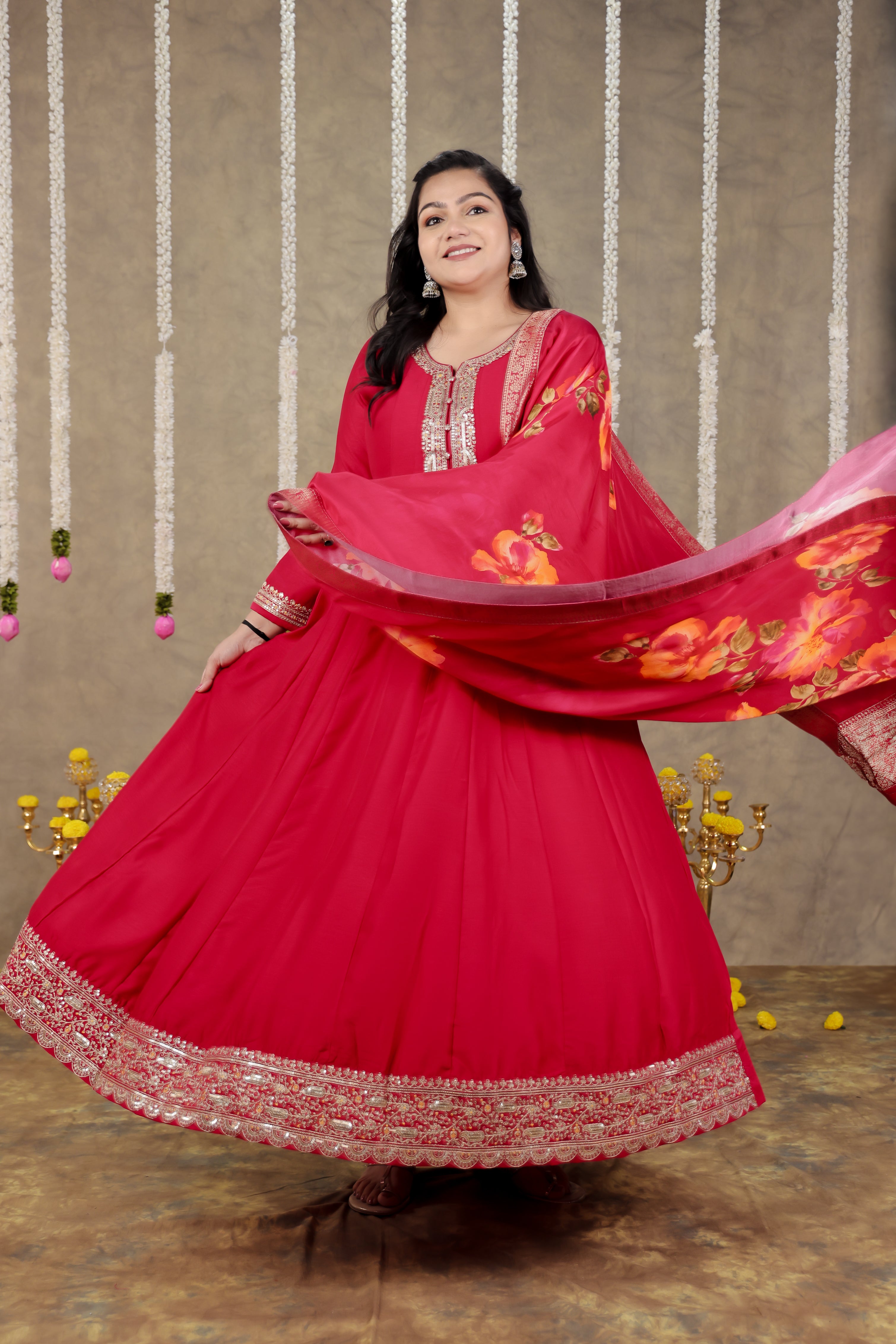 Cherry Red Raw Silk Enrobe Set with Dupatta