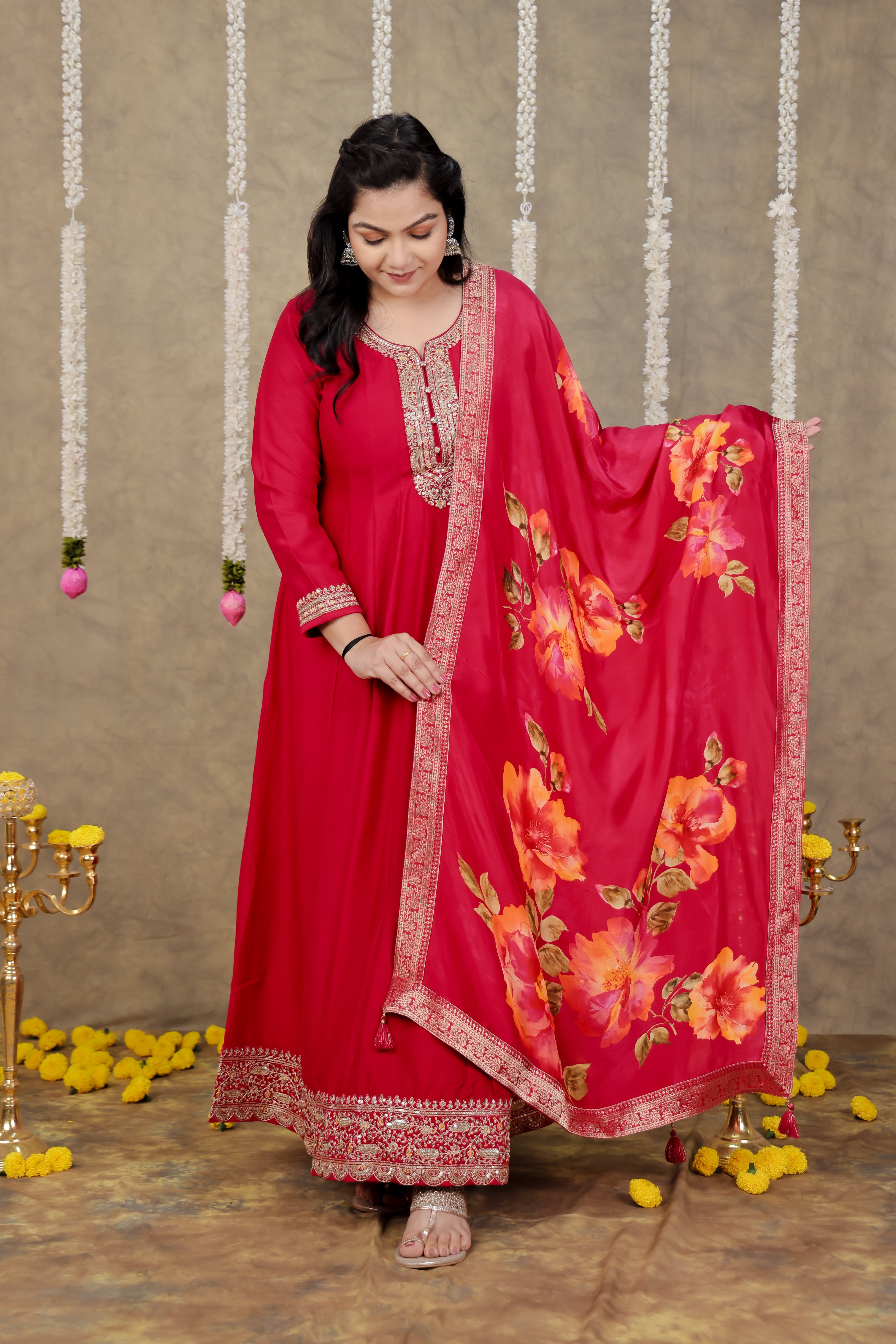 Cherry Red Raw Silk Enrobe Set with Dupatta