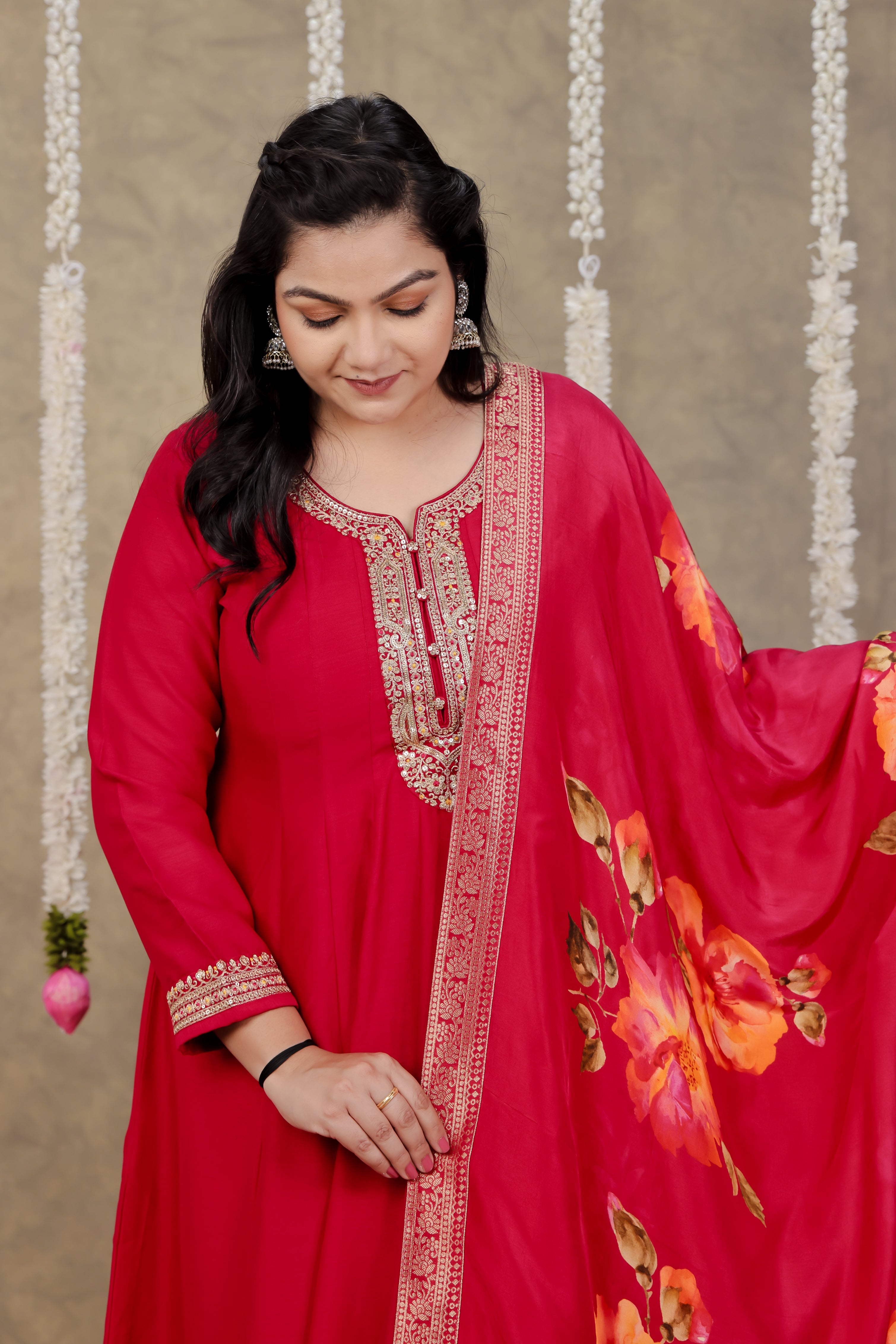 Cherry Red Raw Silk Enrobe Set with Dupatta