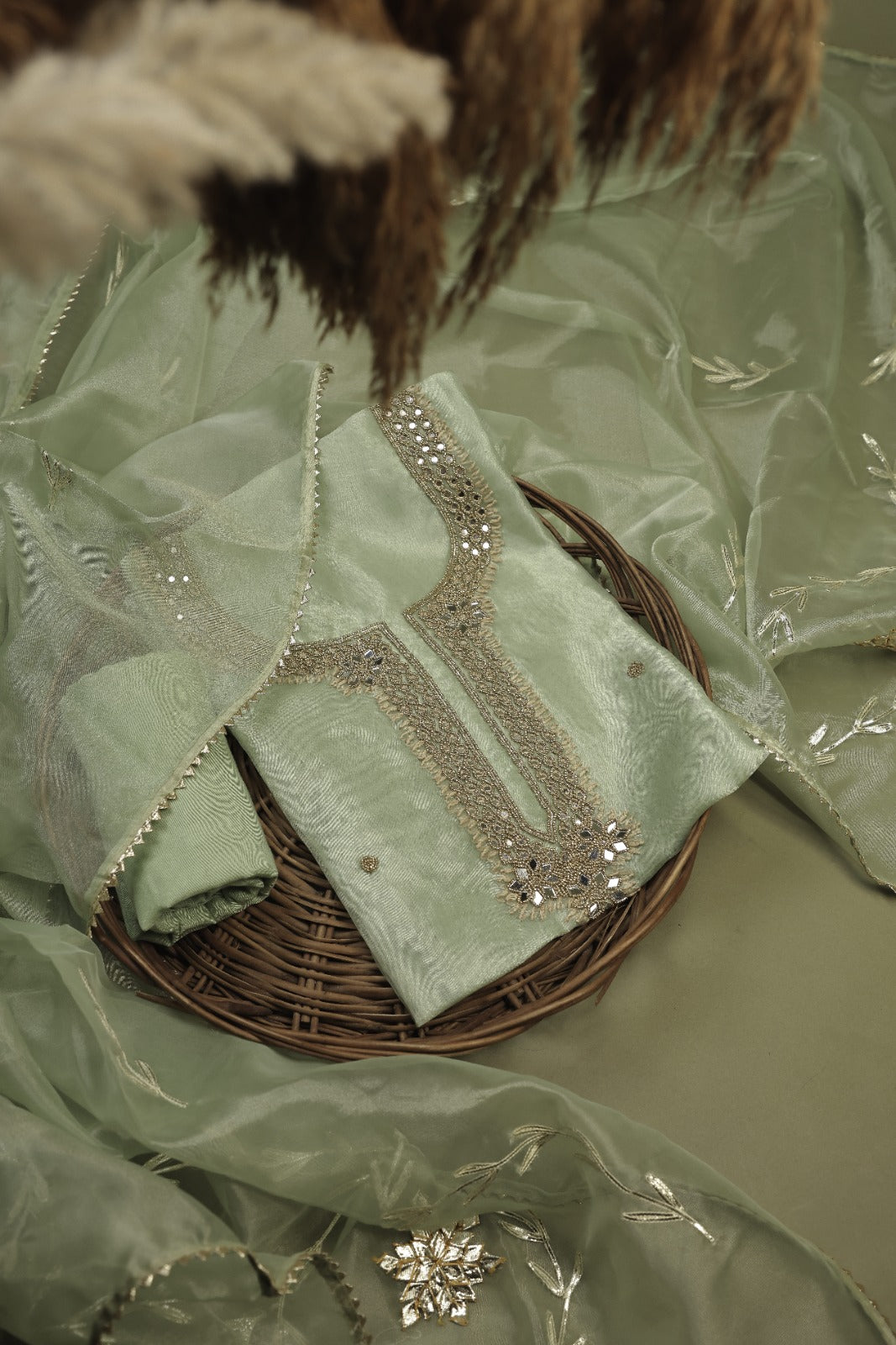 Pista Green Unstitch Suit with Exquisite Mirror Work