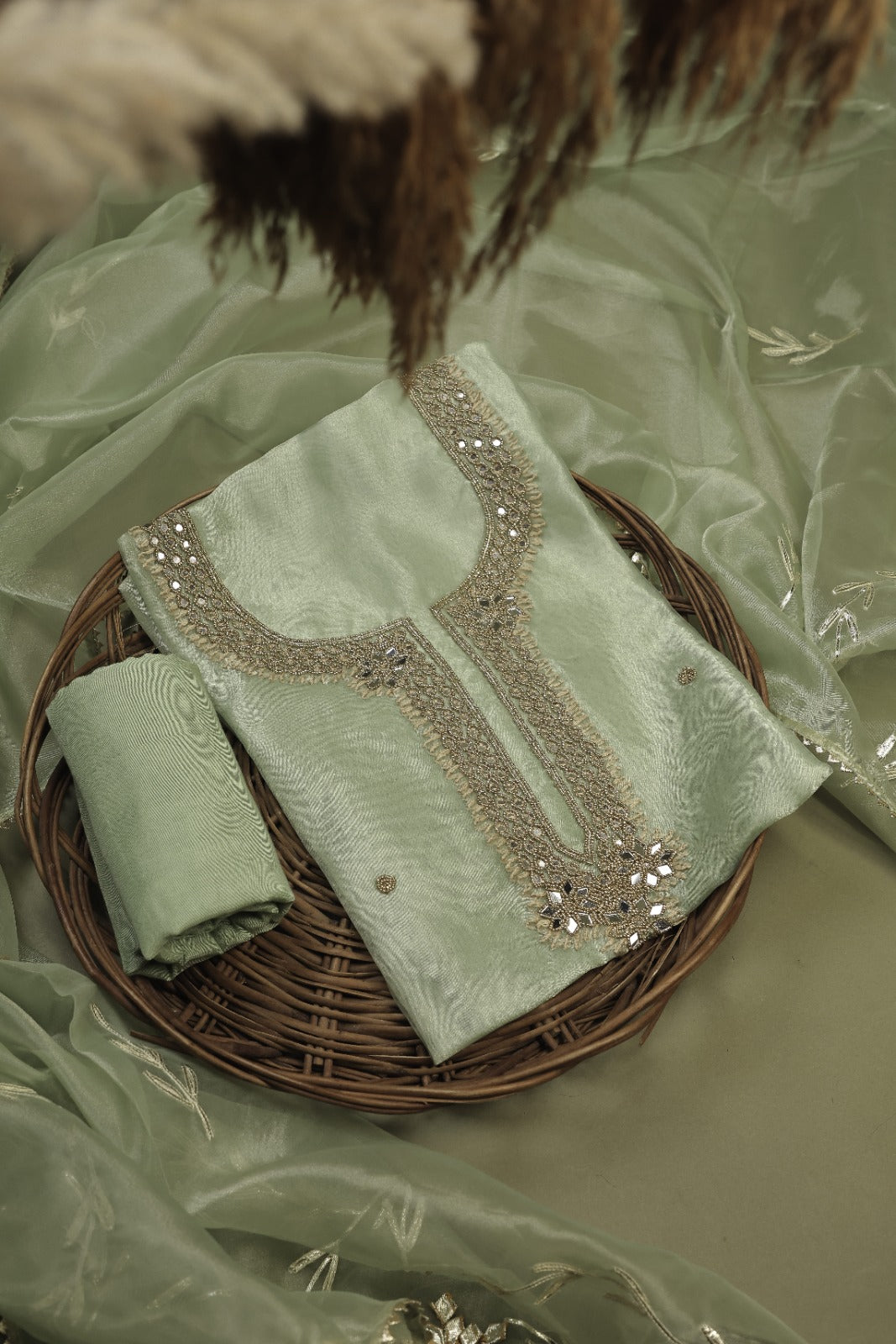 Pista Green Unstitch Suit with Exquisite Mirror Work