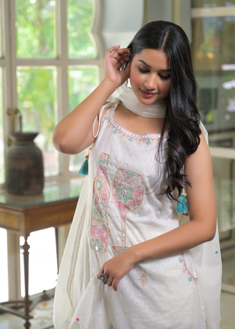 White Smoke Cotton Mulmul Spaghetti Dress Set with Wine Motif Embroidery 🍷