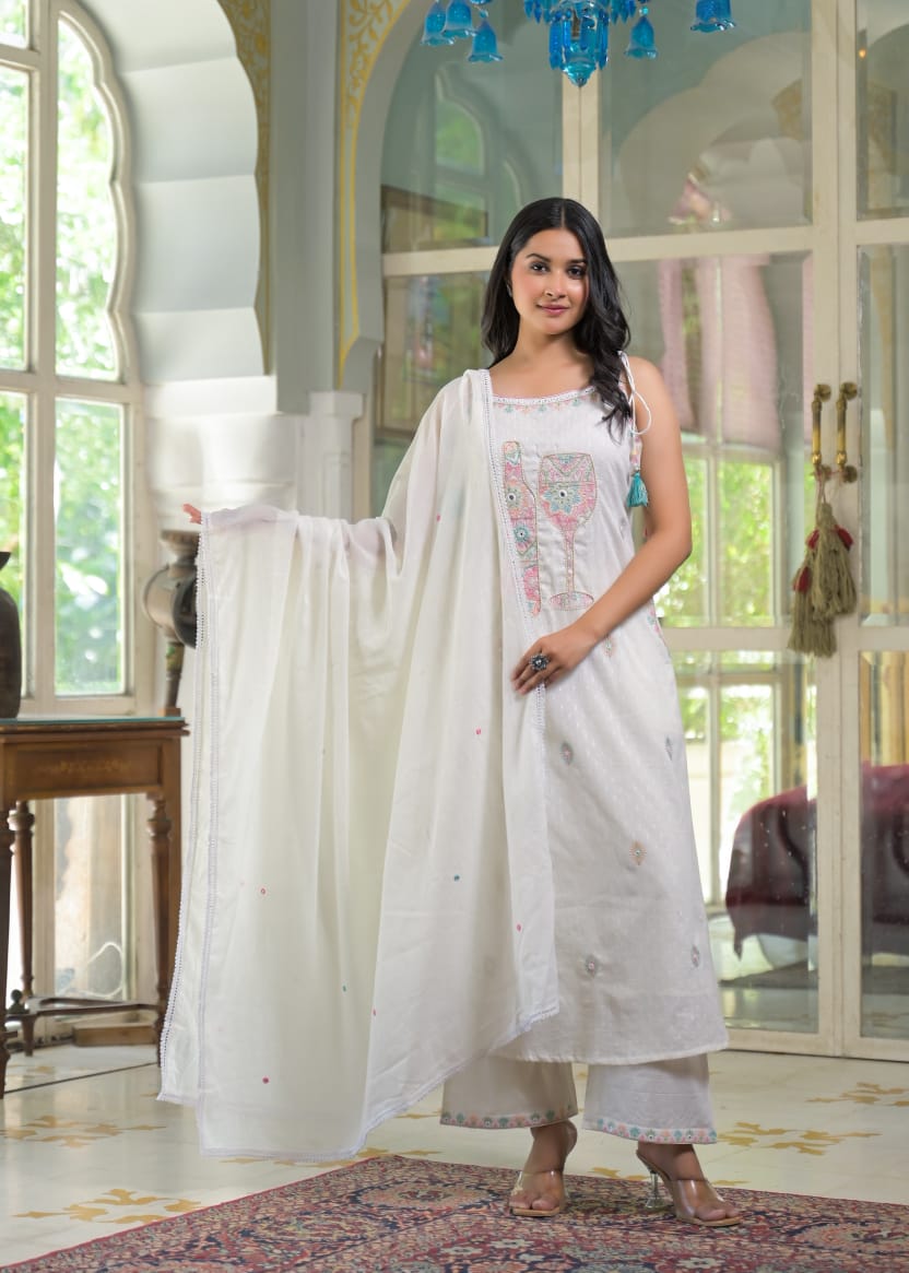 White Smoke Cotton Mulmul Spaghetti Dress Set with Wine Motif Embroidery 🍷